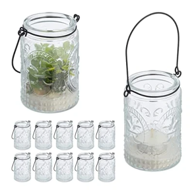 Image of Relaxdays Candle Lanterns, Set of 12, Glass, with Handle, Indoors &amp; Outdoors, Tealight Holders, 10.5 x 7 cm, Clear/Black
