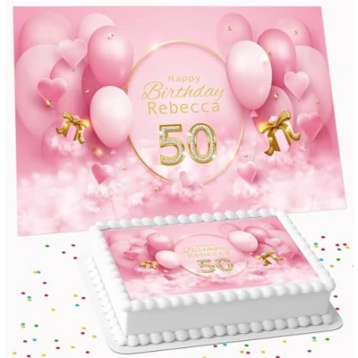 Image of PINK BALLOON BIRTHDAY PARTY PERSONALISED ICING EDIBLE COSTCO CAKE TOPPER DECORATION R1 431