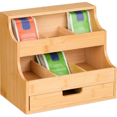 Image of Relaxdays Tea Box, 9 Compartments, Organiser with Drawer, Bamboo, HWD: 24 x 27 17 cm, Vertical Tiered Rack, Natural