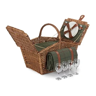 Image of Red Hamper FH126 Wicker Elegant 4 Person Green Tweed Fitted Picnic Basket