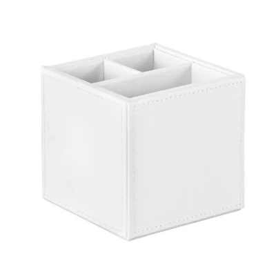 Image of OSCO White Faux Leather Pen Pot 3 Sections Pencil Holder Desk Tidy Office Organiser Makeup Storage Cosmetics Display H10.0 x W10.0 D10.0 cm