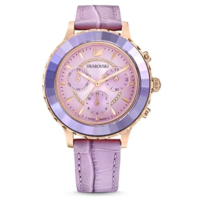 Image of Swarovski Lux Chronograph Watch, Purple Leather Strap, Sunray Dial and Crystal Details, from The Octea Collection