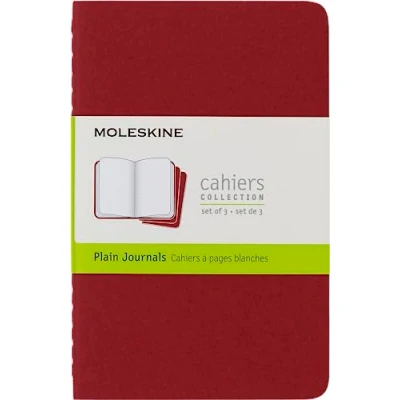 Image of Moleskine Cahier Journal, Set 3 Noteboks with Plain Pages, Soft Cover Visible Cotton Stiching, Colour Red, Size Pocket 9 x 14 cm
