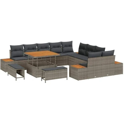Image of vidaXL 13 Piece Garden Sofa Set with Cushions Grey Poly Rattan Acacia