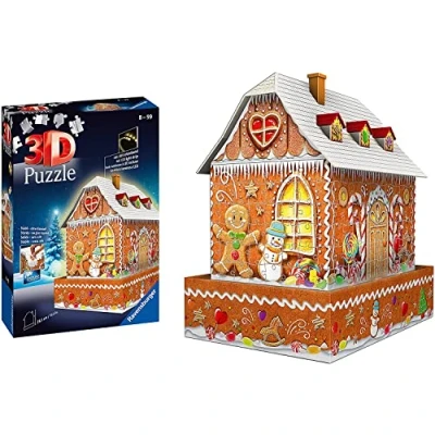 Image of Ravensburger Christmas Gingerbread House 3D Jigsaw Puzzle for Adults and Kids Age 8 Years Up with LED Lighting 216 Pieces No Glue Required