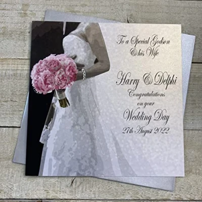 Image of WHITE COTTON CARDS PERSONALISED WEDDING CARD. ANY RELATION. GODSON &amp; WIFE. BRIDE GROOM DESIGN. Handmade (P22 18 GODS XP22 GODS)