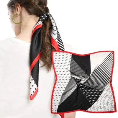 Image of MEANBEAUTY 27.5&quot; Square Silk Like Head Scarf for Women Satin Bandana Scarves Neck Scarfs Hair Wrapping at Night(White Splicing)