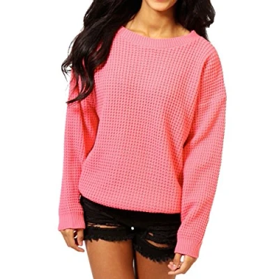 Image of Crazy Girls Womens Ladies Baggy Long Sleeve Knitted Plain Chunky Top Sweater Jumper S XL (S M, Coral)