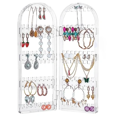 Image of Kurtzy Foldable Acrylic Jewellery Organiser 5 Tiers and 2 Panels of Storage for Ear Rings, Bracelets &amp; Necklaces Stores 60 Pairs Earrings Clear Transparent Display