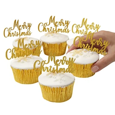 Image of Merry Christmas cake topper cupcake toppers glitter (Sign Motto Gold glitter)