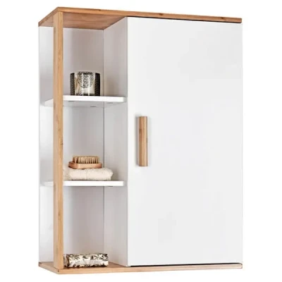 Image of Showerdrape Cassino Bamboo Bathroom Storage Cabinet With External Shelves, Wall Mounted Unit, Wooden Single Door Cabinet, White, 62cm (H) x 47cm (W) 21cm (D)