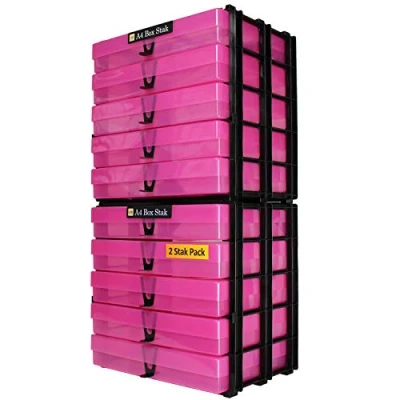 Image of WestonBoxes A4 Box Stak, Stackable Craft Storage Unit Including Plastic Boxes with Lids (Pink, Pack of 2)