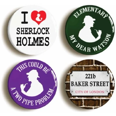 Image of 4 x&quot;SHERLOCK HOLMES AND DOCTOR WATSON&quot; BADGES BUTTONS PINS (1inch/25mm diameter)