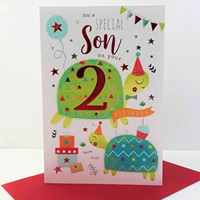 Image of Special Son 2nd Birthday Card Age 2 Barley Bear Party with a Foil Finish Eco Friendly by ICG
