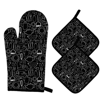Image of Heat Resistant Oven Gloves Set 1 Thick Cotton Mitts with 2 Placemat Pot Holders Long Cuffs Baking for Kitchen, Cooking, Barbeque 3 Pieces (Black)