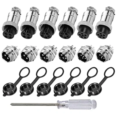 Image of Aiqeer 6 Pcs GX16 Aviation Connector Set, 16 mm Thread Panel Metal Cable Connector, 5A Male Female Plug Socket Kit, with Rubber Cap (4 Pin/5 Pin/6 Pin)