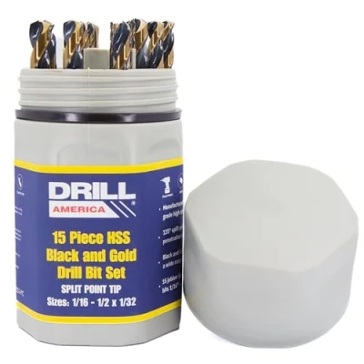 Image of Drill America 15 Piece Heavy Dutyy High Speed Steel Bit Set with Black and Gold Finish in Round Case (1/16&quot; 1/2&quot; x 32nds), KFD Series