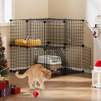 Image of YITAHOME Cat Cage Indoor/Outdoor, DIY Enclosures with 2 Doors, 1 Ladders, Metal Playpen Tiers Kennels Pet Crate, for Cats, Bunny, Chinchilla, Black, 71 x cm