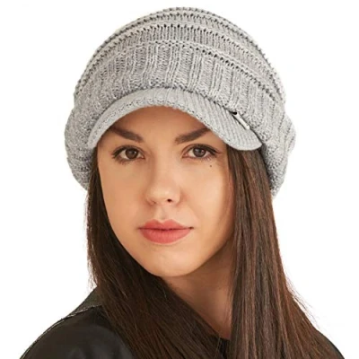 Image of Slouchy Beanie Brim Hat Mens Slouch Cap Womens Warm Cable Knit with Brimmed Visor Mix Grey