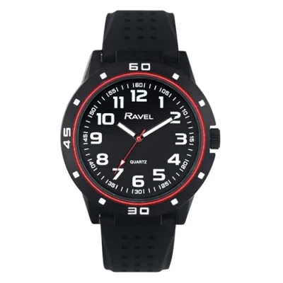 Image of Ravel Men&#039;s Black Cased Sports Watch with Colour Co ordinated Bezel on Silicon Strap Analogue Quartz RS004.03