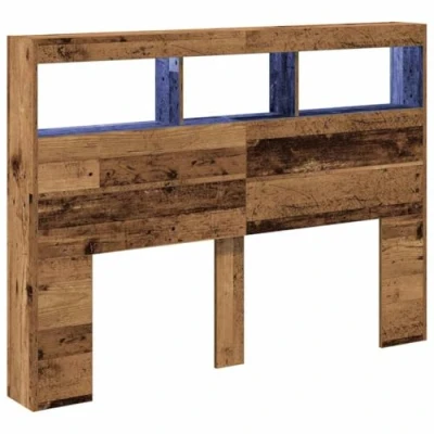 Image of vidaXL Headboard Cabinet with LED Lights Old Wood 140x17x102 cm Stylish, Modern Bedroom Storage Shelf Engineered
