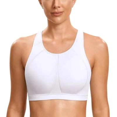 Image of SYROKAN Women&#039;s Sports Bra for Large Breasts High Impact Full Coverage Padded Wireless Running Halter Neck White 2 40B