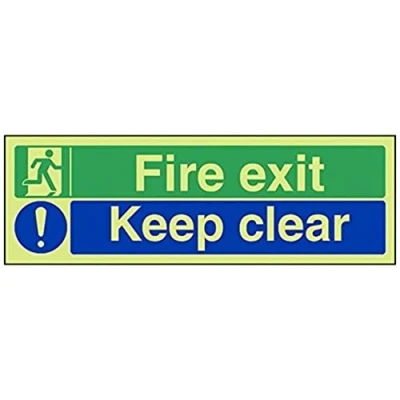 Image of V Safety Glow In The Dark Fire Exit/Keep Clear Sign 300mm x 100mm Rigid Plastic
