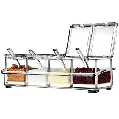 Image of LOYUYU Seasoning Box, Rack Spice Pots, Storage Container Condiment Jars, 4 Piece Clear Acrylic Cruet with Cover and Spoon Transparent