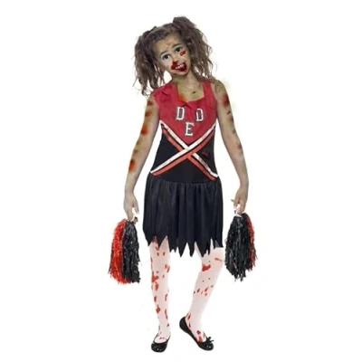 Image of My Illusions Girls Zombie Cheerleader Costume + Pom Poms Bloodstained Tights Kids Halloween Fancy Dress Outfit (Medium 7 9 Years)