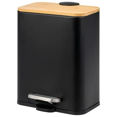 Image of bremermann Cosmetic Bin, Pedal 5 Litre Capacity, Bin with Soft Close Bamboo Lid, Waste for Bathroom, Kitchen, Office Plastic Inner Bucket, Made of and Metal (Black)