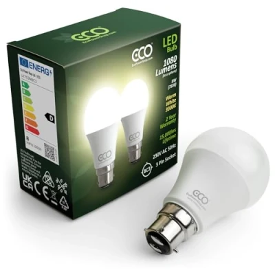 Image of ECO 3 Pin BC3, 8W Energy Saving LED Light Bulb, 75W Equivalent, Warm White 3000K, Non DIMMABLE, 15,000hrs Lifetime.