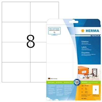 Image of HERMA Self Adhesive Shipping Labels, 8 Labels per A4 Sheet, 10 Sheets, 105 x 74 mm, 80 Blank Parcel Stickers, Sticky for Laser &amp; Inkjet Printer, White