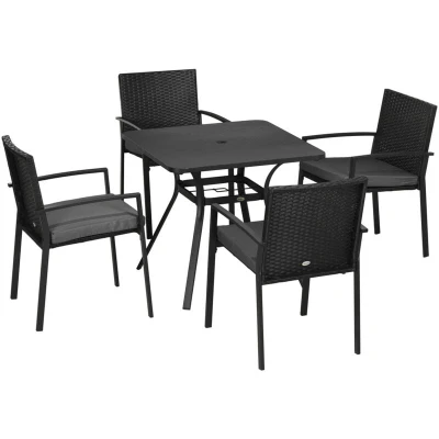 Image of Outsunny 4 Seater Rattan Dining Set with Cushions, Wood Effect Metal Top Table Umbrella Hole, PE Garden Furniture Set, Outdoor and Chairs for Patio, Balcony, Lawn, Black