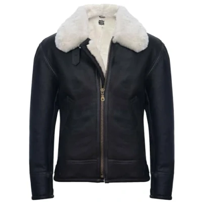 Image of Mens Sheepskin Jacket B3 Flying Leather Classic RAF Aviator Pilot Brown Cream XL