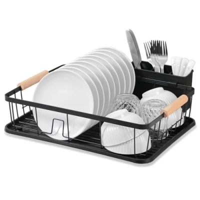 Image of DPWEION Dish Drainer Rack for Kitchen Metal Dishes Drying with Drip Tray/Cutlery Holder/Wooden Handles Draining Board Racks(43x31x12cm,Black)