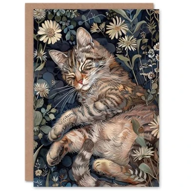 Image of Artery8 Greeting Card Cute Moggie Sleeping in Daisy Field Cat Lover Blank For Him Or Her Art Birthday