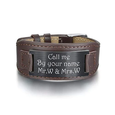 Image of KAULULU Personalised Medical Alert Leather Bracelets for Mens Womens Stainless Steel Adjustable Band Emergency Bracelet With Engrave ID Text and Symbol Gift Father Boyfriend M (#4)