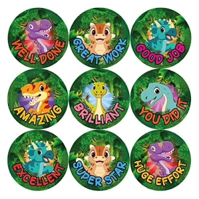 Image of 144 Dinosaur Praise Words 30mm Glossy Reward Stickers for Teachers &amp; Parents