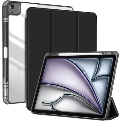 Image of ProCase for iPad Air 13 Inch Case 2024 M2 With Pencil Holder, Clear Transparent Back, Cover Shockproof Smart Folio, Auto Wake/Sleep Blue