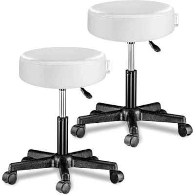 Image of CASARIA® 2x 35cm White Rolling Stool with Wheels Height Adjustable 360 Rotatable Padded Swivel Chair Double Castors Roll Comfortable Upholstered Seating Office Workshop Salon
