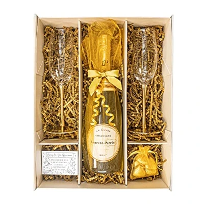 Image of Laurent Perrier Champagne 75cl Gold Gift Set Hamper With 2 Flutes, Belgian Chocolates and Box for Couples, Birthday, Him Her (Metallic Stems)