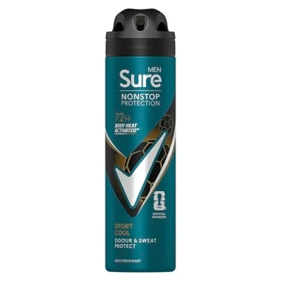 Image of Sure Men Sport Cool Nonstop protection anti perspirant deodorant Aerosol MotionSense technology spray 72h against sweat and odour 150 ml