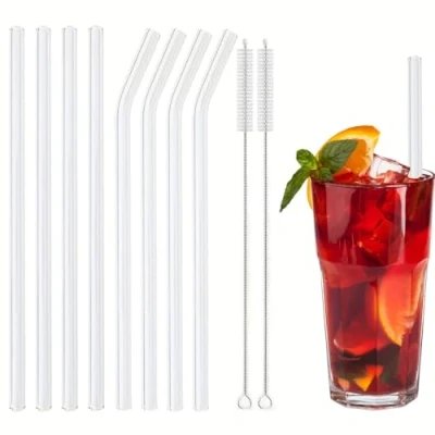 Image of Pack of 8 Glass Straws Clear Reusable Straw Durable Drinking for Smoothie Cocktail Milkshake Cold Drinks 4 Straight Bent and 2 Cleaner