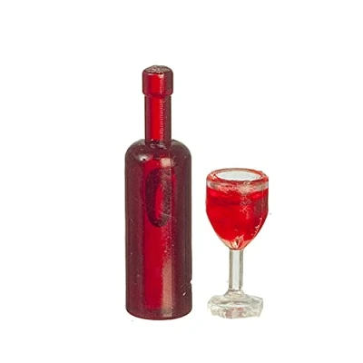Image of Melody Jane Dolls House Red Wine Bottle &amp; Full Glass Miniature Dining Room Pub Accessory