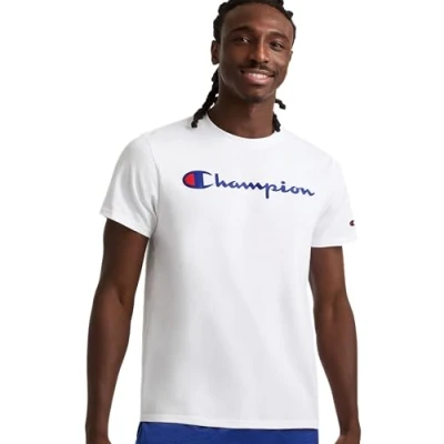 Image of Champion Men&#039;s, Classic Graphic, Soft and Comfortable T Shirts, Script Logo (Reg. Or Big &amp; Tall), White, Medium