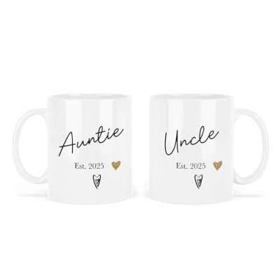Image of New Auntie And Uncle Gifts, Pregnancy Announcement, Mugs, Gift, 11 Oz White Ceramic Mugs (Auntie &amp; Est. 2025 (2 Mugs))
