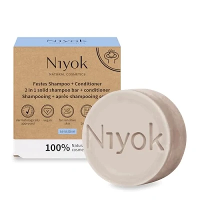 Image of Niyok® 2 in 1 Solid Shampoo and Conditioner Skin neutral pH 5.5 Vegan Plastic Free Normal to Fine Hair Like Soap Organic Natural Cosmetics without Sensitive (80 g)