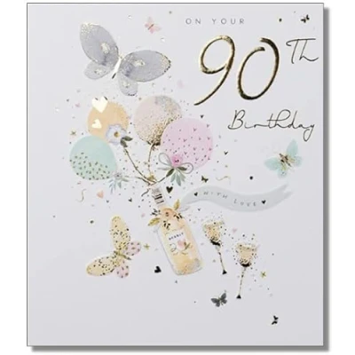 Image of Paperlink Female Age 90 Milestone Birthday Card Special 90th Bottle of Bubbly with Balloons &amp; Butterflies Embossed Gold Foil Eco Friendly Recyclable Made in England