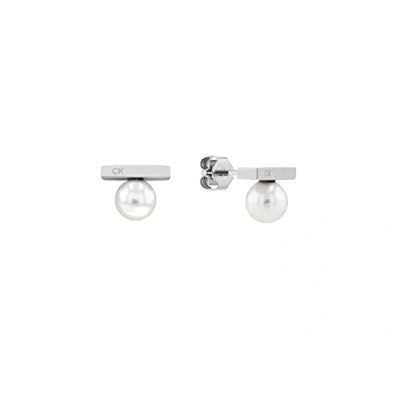 Image of CKJ Calvin Klein Women&#039;s MINIMALIST Pearl Collection Earrings 35000178, Silver, One Size