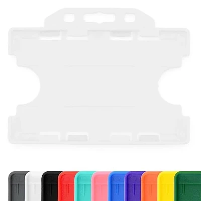 Image of CKB LTD 100x Twin Double Sided Rigid Slide in Open Faced ID Card Badge Holders Horizontal Landscape Dual Identity Plastic Pass Protector Holds Two Cards 86mm 54mm cr80 Credit Sized (Clear)